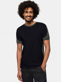 Schwarzes Arbeits T-Shirt mit grauen Kontrasteinsätzen an Ärmeln, Schultern und Seiten.